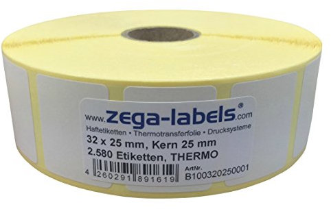 Thermo Etiketten auf Rolle - 32 x 25 mm - 2.580 Stück je Rolle - Kern: 25 mm - aussen gewickelt - permanent haftend - Druckverfahren: Thermodirekt (Drucken ohne Farbband)