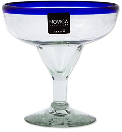 NOVICA Hand Blown Clear Blue Rim Recycled Glass Margarita Glasses, 8 Oz 'Happy Hour' (Set of 4)
