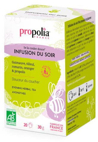 PROPOLIA - Bio - Infusion du Soir - Relaxation et sommeil - Propolis, Tilleul, Guimauve, Romarin et Oranger - Complément alimentaire - Fabriquée en France - 20 Sachets