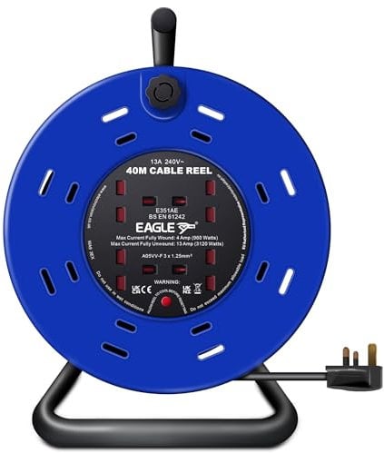 Netagon 4 Socket Extension Lead Cable Reel | 13A 4 Gang Plug | Thermal Cut Out, Heavy Duty, Outdoor Extension Lead, Ideal for DIY, Workshop, Garden, Home Use (Metal A Frame Extension Reel, 40M)