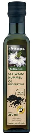 manako ungefiltertes Schwarzkümmelöl, kaltgepresst und 100% rein, 250 ml Glasflasche