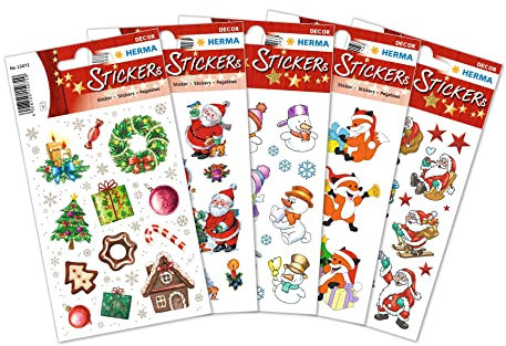 HERMA 15502 Aufkleber Weihnachtsmotive klein groß, 210 Stück, Weihnachten Sticker mit Weihnachtsmann Schneemann Sterne Motiv, Kinder Etiketten für Weihnachtsdeko Geschenke Adventskalender Winter Deko