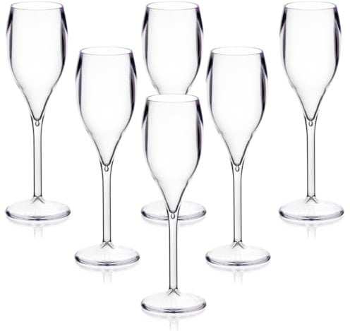 AIOS Set of 6 Champagne Flutes. Polycarbonate. Looks Like Real Glass but Unbreakable Plastic. Ideal for Picnics, on The Beach, Outdoor Pool, BBQ, Garden. Washable and Reusable. Dishwasher Safe