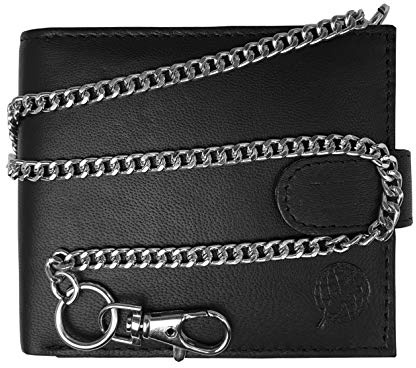 Roamlite Chained Men's Mans Designer Leather Wallet - Black Credit Card Wallets with Key Belt Chain - 17 inch 43cm Chain - 4 Credit Card Slots - Buttoned Coin Pouch - 11cm x 9.5cm x 2cm RL506A