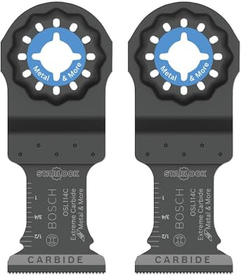 Bosch Starlock Carbide Oscillating Tool Blades, Multi Tool Blades for Cutting Iron Bar, Metal, Wood with Nails, Drywall and Tile; 2-Pack, 1-1/4“ Width (OSL114C-2)