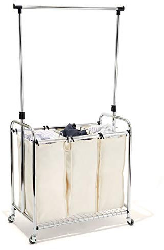 Seville Classics WEB153 Wäschesammler mit 3 Wäschesäcken und höhenverstellbarer Kleiderstange, Metall, Silber, 78 x 45.7 x 99 cm