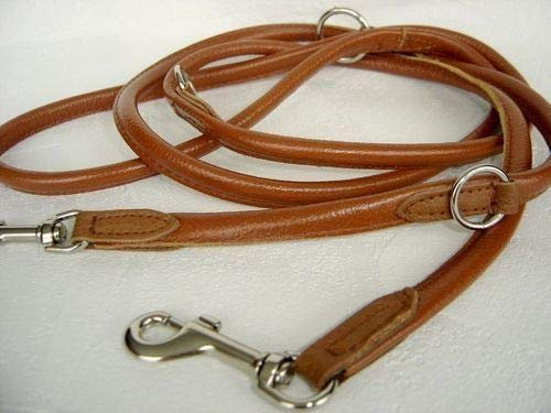 Luxus HUNDELEINE, Runde Leine, 220cm/8mm, Echt Leder + Cognac, 3xVerstellbar, handgenäht