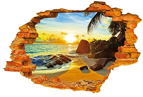 HALLOBO® XXL Wandtattoo Wandaufkleber 3D Fenster Strand Sonne Meer Wandbild Wohnzimmer Schlafzimmer Deko Esszimmer Korridor