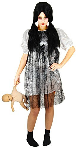 Horrorpuppen Kleid Damen Halloween Kostüm - Größe S - Gruseliges Geisterkleid in Weiß und Schwarz – Gruselkostüm inspiriert von Horrorfilmen – Halloween Outfit für Frauen