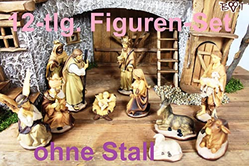 PREMIUM Krippenfiguren 12er SET handbemalt/GEBEIZT in edler Echtholz - Optik für Holz Weihnachtskrippe Zubehör, komplett MIT SICHTBOX KFK-Box - saubere Gesichtszüge, feine Mimik, handbemalte