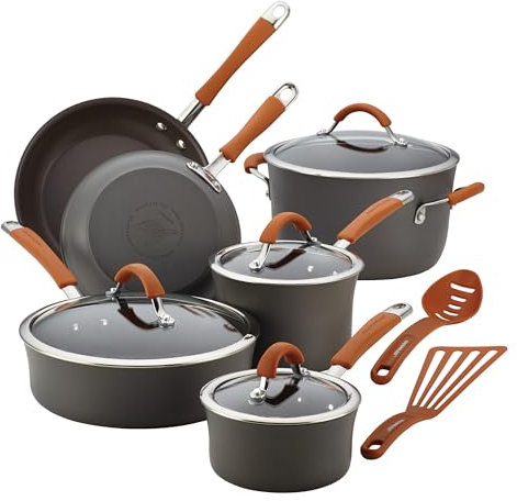 Rachael Ray 87635 Cucina Dishwasher Safe Hard Anodized Nonstick Cookware Pots and Pans Set, Aluminum, Pumpkin Orange