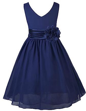 IEFIEL Bébé Fille Enfant Fleur Robe Cérémonie Princesse Carnaval Fête Eté Mousseline de Soie V Cou Broche sans Manches 2-14 Ans Bleu foncé 8 Ans