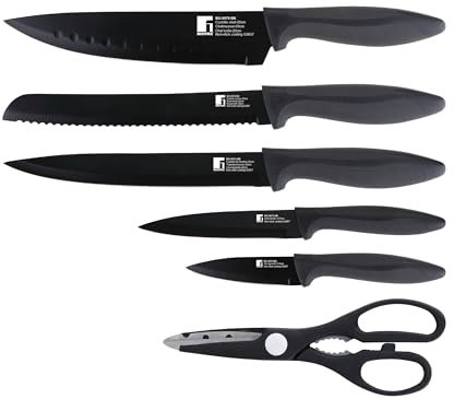 BERGNER OSAKA - Set 5 pcs Couteaux + Ciseaux - Acier Inoxydable Noir - Revêtement antiadhésif - Poignées ergonomiques - Facile à nettoyer