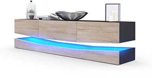 Vladon Lowboard City, Made in Germany, TV-Kommode mit Sockelelement, 1 offenem Fach und 3 Schubkästen, Schwarz matt/Eiche Sägegrau, inkl. LED-Beleuchtung (178 x variabel x 39 cm)