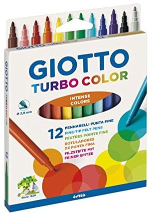 GIOTTO Turbocolor Felt Tip Fibre Pens, Fine Tip Nib 2.8mm, 12 Assorted Colours, Ideal for Children, Parties and Schools