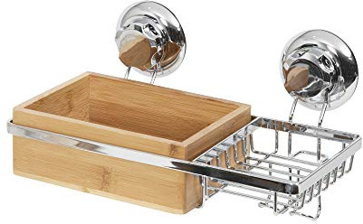 Compactor BESTLOCK Spa - Rack avec Porte Savon, Taille L, 27,3x15x13,5 cm, Bambou et Acier Chromé, Ventouses TPU et ABS
