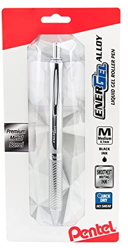 Pentel Energel Alloy Retractable Liquid Gel Pen, (0.7mm) Medium Line, Silver Barrel, Black Ink, 1 Pack (BL407BP)