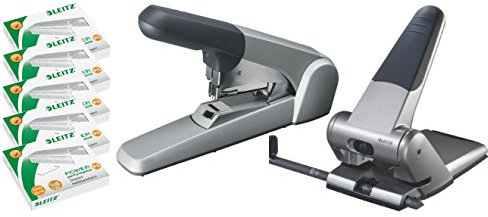 Profi Set: Leitz 55520084 Extrastarkes Flachheftgerät, Heftleistung 60 Blatt, silber mit 5.000 Klammern Grundausstattung, silber und Leitz 5180 extrastarker Registraturlocher langer Hebel Stanzleistung 65 Blatt à 80 g/m²