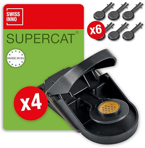 SWISSINNO Mausefalle SuperCat - Effizient + Wiederverwendbar mit Erdnussbutter-Köder - Sofortiges Fangen + Töten - Verwendung im Innen- und Außenbereich - 4 Fallen + 6 Ersatzköder