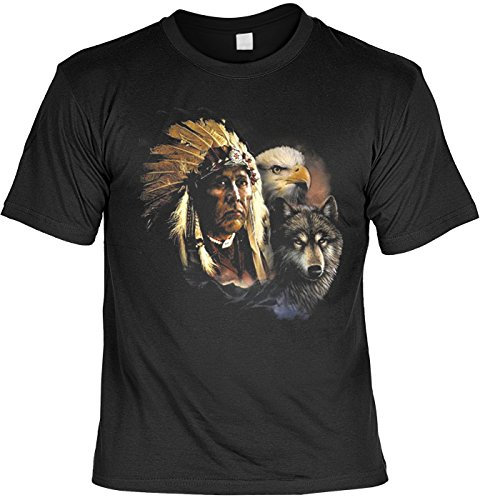 Mythologie der Ureinwohner Nordamerikas T-Shirt Indianer mit Wolf und Adler (Größe: L) in schwarz