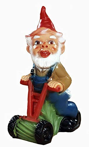 Gartenzwerg mit Rasenmäher, ca. 25 cm hoch, PVC