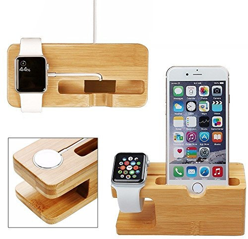 XPhonew Bamboo Wood Multifunction Charging Stand Charger Cradle Docking Station Charge Holder Compatible for iPhone 15 14 13 12 11 Pro Max Apple Watch 3 4 5 /iWatch 38mm & 42mm Samsung Sony Smartphone