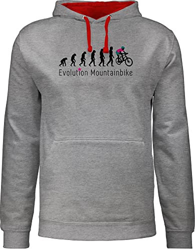 Pullover Herren Frauen Hoodie Kontrast zweifarbig - Entwicklung und Outfit - Mountainbike Evolution - M - Grau meliert/Rot - radsport mtb hoodies radfahren bike pulli fahrrad downhill hoody