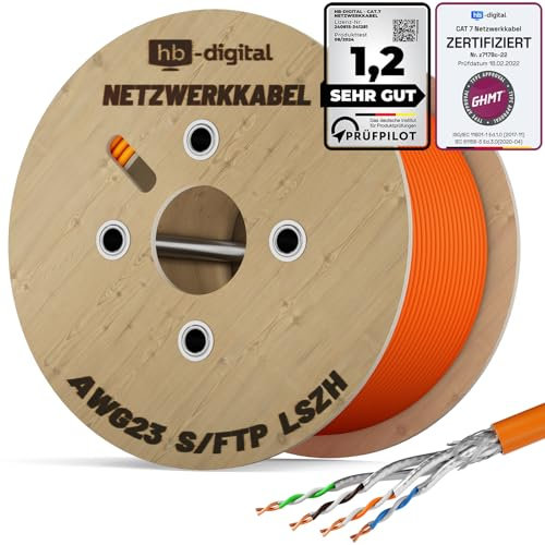 HB-DIGITAL 250m Cable de red CAT.7 Cable de instalación LAN AWG 23 Cobre puro S/FTP PiMF LSZH Cable de instalación Ethernet que cumple con RoHS Cable de datos PoE 10Gbit/s máx. 1000MHz Naranja