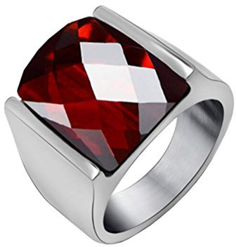 PAURO Herren Edelstahl Diamant Geschliffener Achat Edelstein Ring Mit Polierter Silber Seite, Rote Größe 65