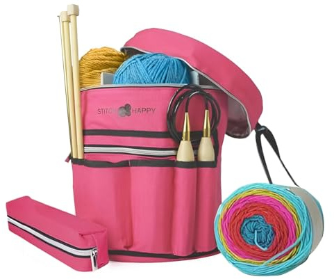 Stitch Happy Knitting Bag (Fuchsia): 7 Pocket Yarn Bag, Knitting Tote, Crochet Storage
