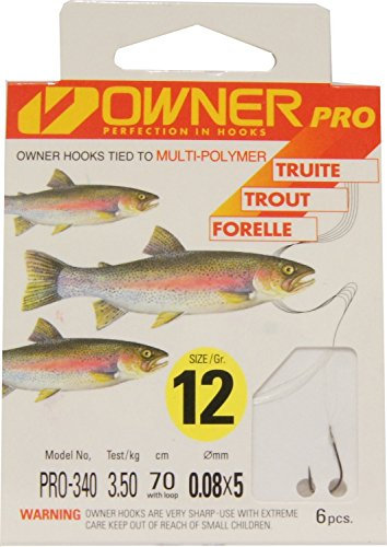 Owner Profi Forellenhaken, Vorfachhaken für Forellen, Angelhaken Multifiles Vorfach, Größe 12, 70cm Vorfach, Haken zum Forellenangeln