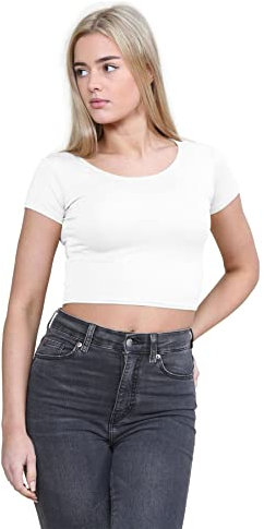 janisramone® Women's Plain Stretchy Vest Tee Mini Crop Top - Chic Cap Sleeve, Y2k Top Summer Style, Ideal Crop Tops for Women for Casual and Gym Wear White