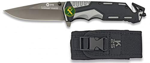 Cuchilleria Deportiva K25 19654GR1010. Navaja Gris/Negra K25 Seguridad Guardia Civil Hoja: 9.4 cm. Cutter, Punta rompevidrio y Funda Nylon