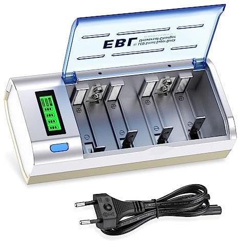 EBL 906 Caricabatterie Universale per AA e AAA C D e 9V Ni-MH Batterie Ricaricabili, Caricatore Batterie con LCD Display Retroilluminato