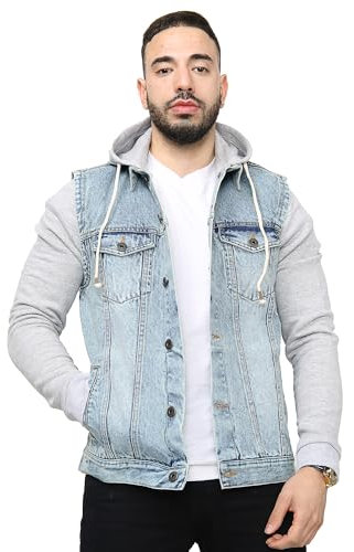 NOROZE Giacca da uomo in denim con maniche in pile e cappuccio staccabile con cappuccio camionista classico con cappuccio (M, Azzurro)