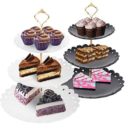 TsunNee 3 Etagen Cupcake Ständer Dessert Tablett, Obst Kekse Süßigkeiten Display-Ständer, gestaffeltes Serviertablett für Weihnachten Hochzeiten Geburtstage Baby Party (Kunststoff, Schwarz und Weiß)