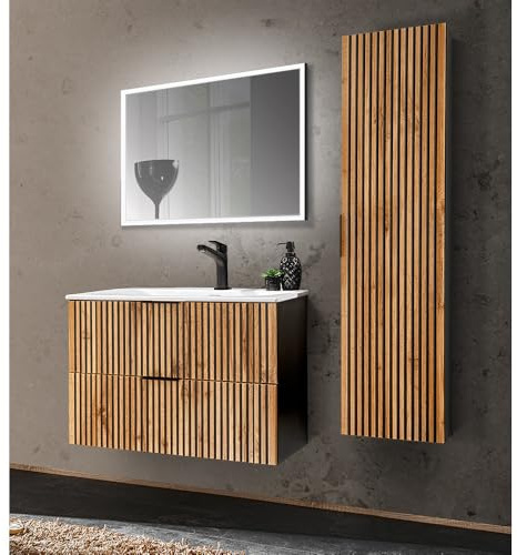 Lomadox Badezimmer Set 3-teilig Waschtisch Unterschrank 80 cm Keramik Waschbecken Spiegel LED Hochschrank anthrazit Wotan Eiche Nb. schwarz Rillen MDF Fronten