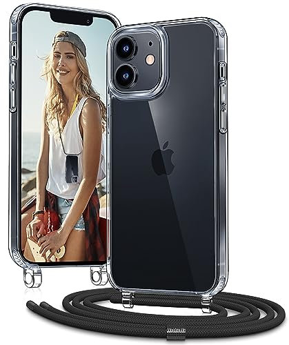 Vaykwo Handykette mit Band für Apple iPhone 12 Mini Hülle - Necklace Handyhülle - Transparente Case zum Umhängen mit Kameraschutz und Bildschirmschutz - Schwarz