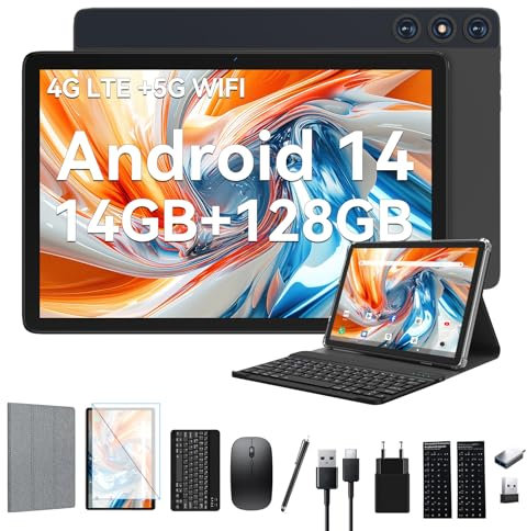 2025 Neueste Android 14 Tablet 10 Zoll,4G LTE Tablets Mit 2 SIM 1 SD slot,5G Wifi Tablets PC Mit 14GB+128GB(1TBTF),3-in-1 Tablet Mit Tastatur Maus-Octa-core,1080FHD,13MP+8MP,7000mAh,GPS/OTG-Grau