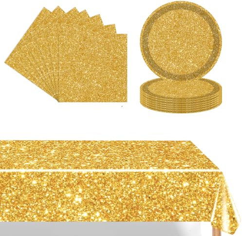 Juego de Vajilla Dorada de 37 Piezas - Suministros de Fiesta Incluye 16 Platos de Papel, 20 Servilletas y Mantel para Cumpleaños, Navidad, Decoración de Mesa
