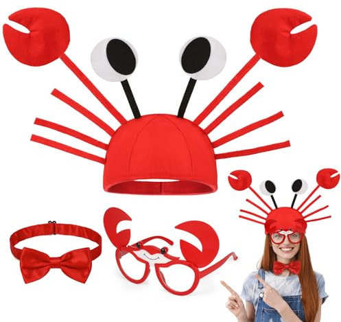 3Stk Krabben Kostüm Kinder Erwachsene, Krabben Lustige Hüte und Brille Fliege Rot, Witzige Partyhüte Lustige Brillen Fisch Kostüm Zubehör für Halloween Karneval Geburtstag Hawaii Thema Party Cosplay