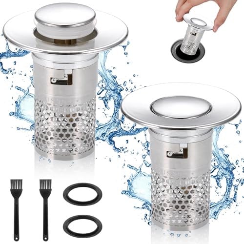 JIZZU 2PCS Stainless Steel Floor Drain Filter, Removable Pop Up Drain Strainer for 34-40 mm Drain Hole, Kitchen Sink Plug with Drain Strainer, Universal Push Type Sink Strainer for Bathroom, Kitchen