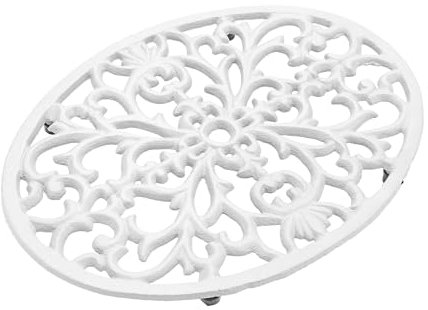 SUMTree Pack of 2 Oval Cast Iron Trivets, Decorative Heavy Duty Hot Pot Holder Mat, Vintage Pattern Cast Iron Trivet with Rubber Pegs for Kitchen Dining Table, 24.5 * 18.5 * 1.8cm, White