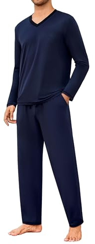 Marvmys Mens Pyjama Set Long Sleeve Soft Cotton Top & Lounge Pants With Pockets V-Neck Loungewear Nightwear Pjs Set