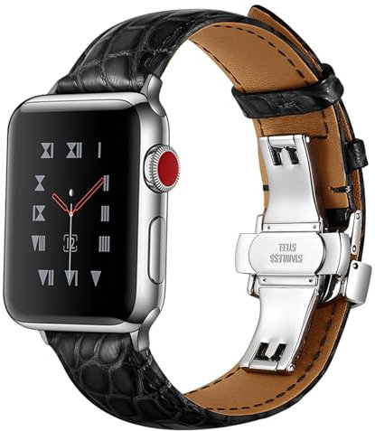 Compatibile con cinturino Apple Watch da 49 mm, 46 mm, 45 mm, 44 mm, 42 mm, 41 mm, 40 mm, 38 mm, chiusura in pelle di alligatore per iWatch Ultra 1 2 Series 10 9 8 7 6 5 SE 4 3 2 1 (nero/argento, 38