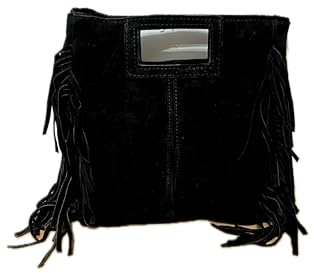 MINNI MOON, Bolso de Hombro con flecos para Mujer, Bandolera con Flecos27x25x7 cm, Bolso con flecos Piel Serraje, Cierre de Cremallera (Negro)
