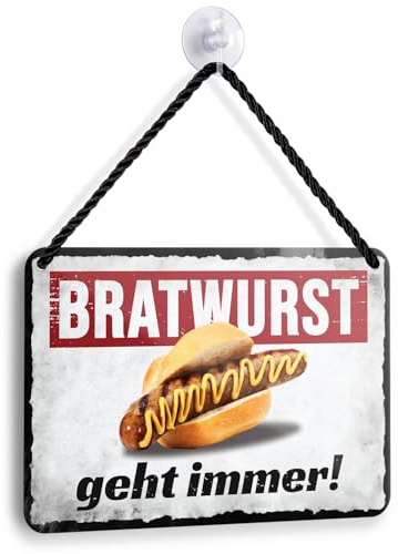 Blechschild BRATWURST GEHT IMMER 18x12cm - Grill Metallschild Schwarz-Weiß - Retro BBQ Wanddeko mit Kordel & Saugnapf - Lustiges Geschenk für Grillmeister - Küchen Dekoration