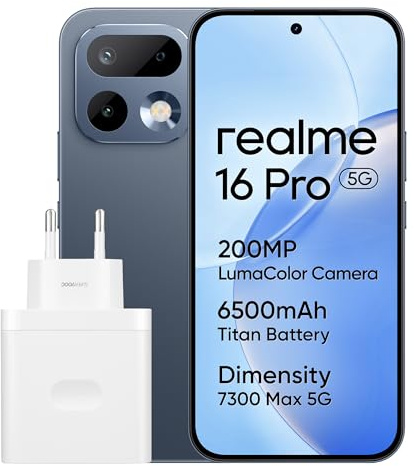 realme 16 Pro 5G Smartphone 8+256 GB, Fotocamera AI da 200 MP, 6,78 Display AMOLED da 144 Hz, Batteria da 6500 mAh, Ricarica Ultra da 45 W, Dimensity 7300-Max, IP69, Grigio Ciottolo
