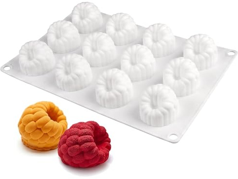 3D-silikonform, hallon, 12 håligheter, 23,5 x 16 x 3 cm, dessertform hallon, dessertform för mousse, kakor, choklad, gelé, glass och bakverk (vit)
