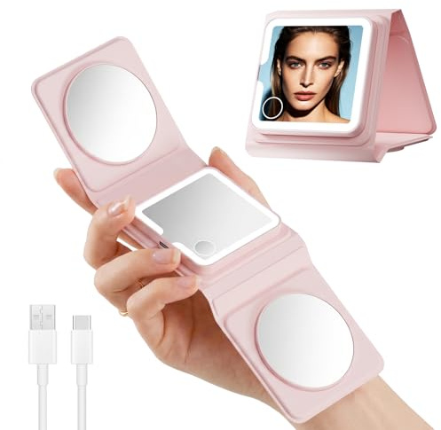 belleskin Mini LED Taschenspiegel mit 1X/5X/10X Vergrößerung für Reisen | Stufenlos dimmbar, Speicherfunktion, Touch-Steuerung, 320mAh Akku, Dreifach faltbar, PU-Leder, Magnetverschluss, USB-C